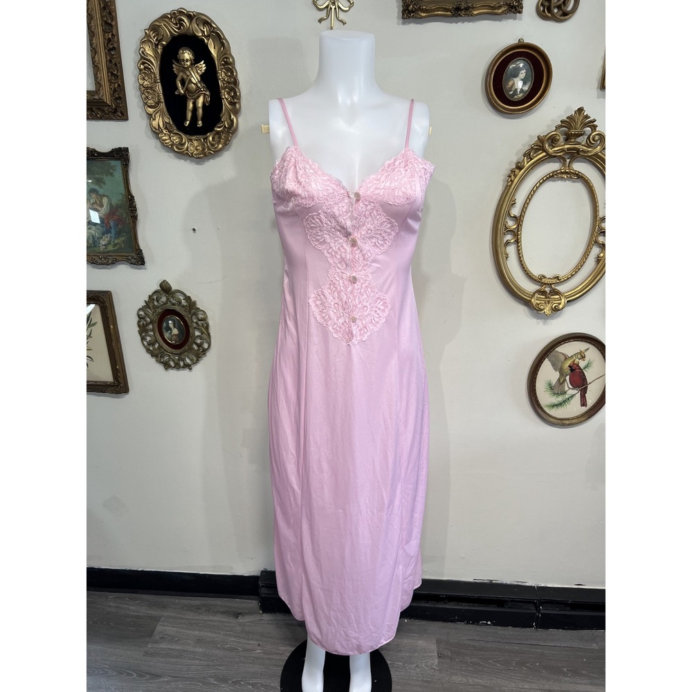 Vintage Nancy King Lingerie Light Pink Lace Trim Slip Nightgown Dress Size S